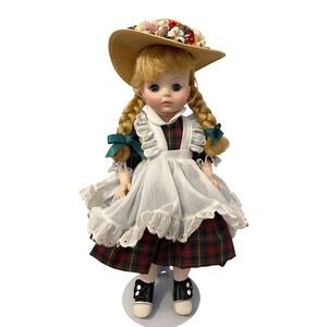 Vintage Effanbee Little Miss Muffet Doll Plaid Dress‎ Straw Hat Blonde Braids